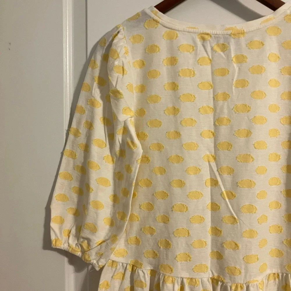 LOFT yellow &‎ white swiss dot peplum blouse with 7/8 puff sleeves women's sz S